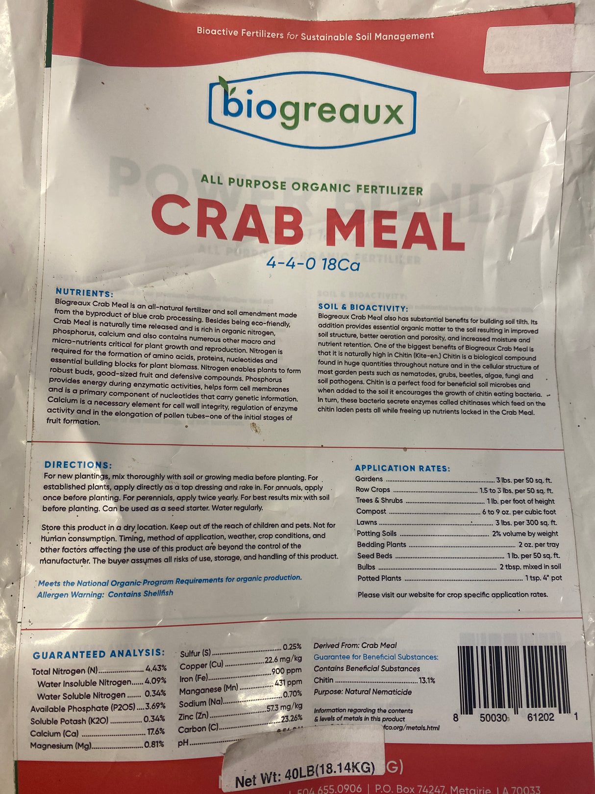 Crab Shell Meal 4-4-0 organic amendment rich in calcium and chitin for garden soil health, fruiting plants, and pest suppression