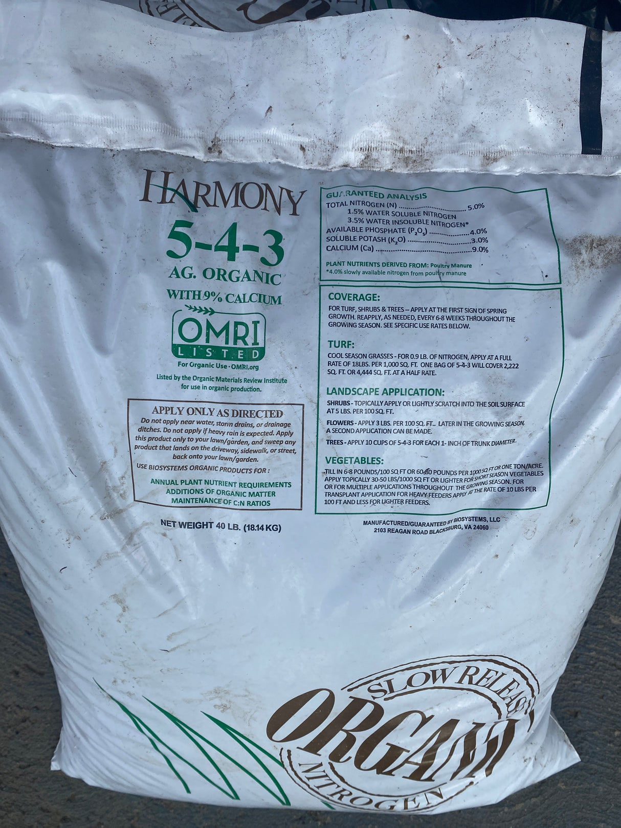 Harmony 5-4-3 organic granular fertilizer with 9% calcium for vegetables, fruit trees, and living soil systems