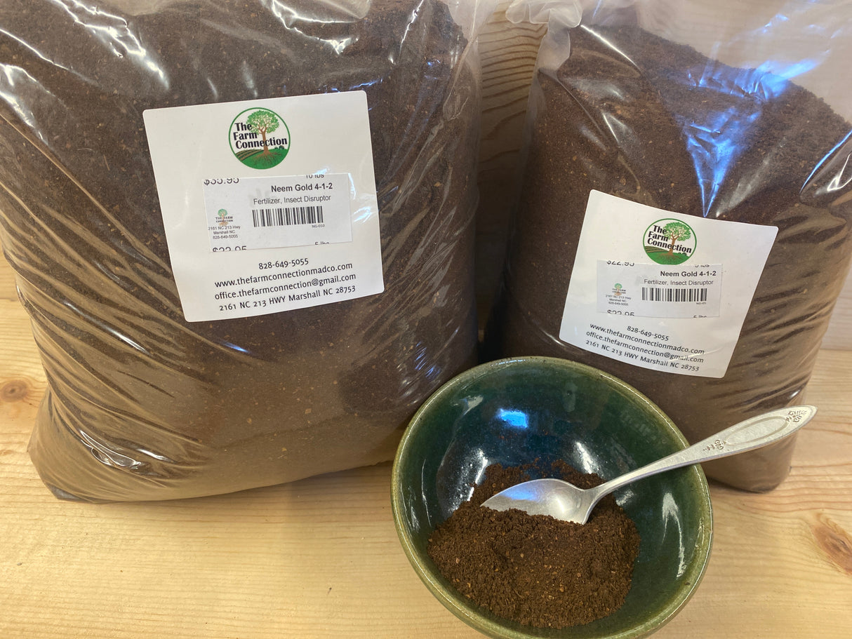 Neem Gold 4-1-2 organic fertilizer and neem soil amendment for plant growth, microbial health, and natural pest suppression