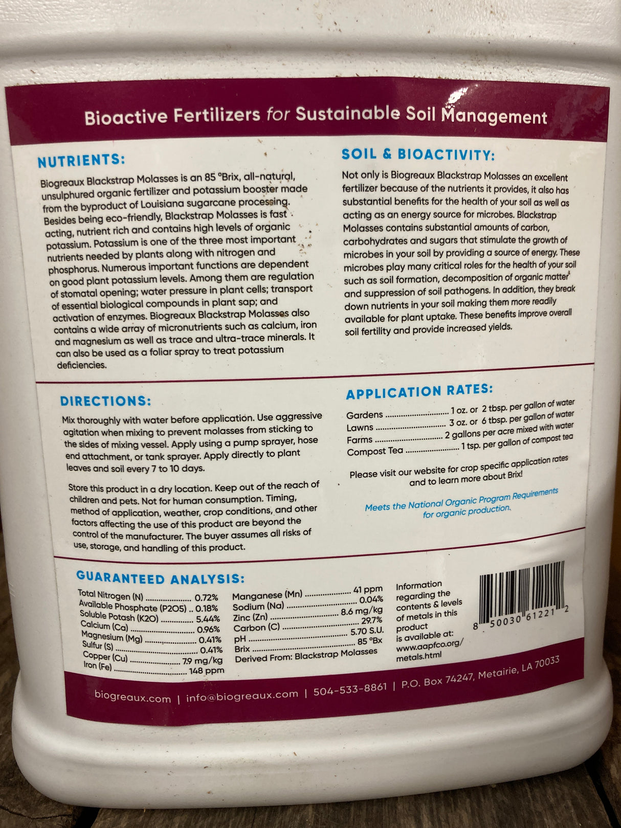 Blackstrap molasses for compost tea brewing, microbial feeding, and mineral-rich soil fertility in organic gardens