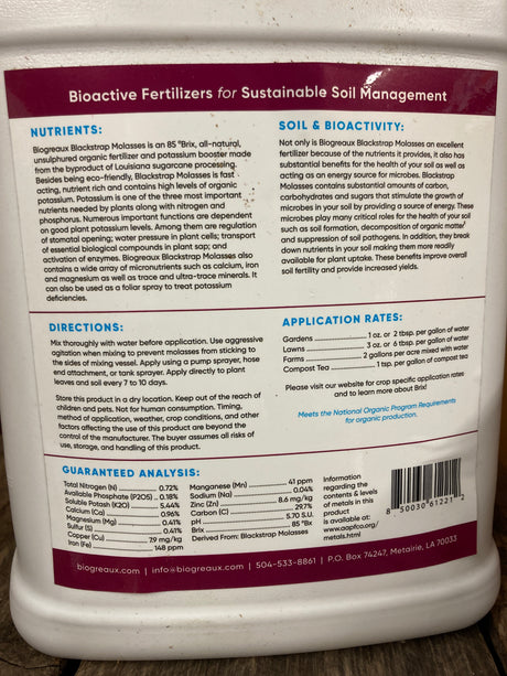 Blackstrap molasses for compost tea brewing, microbial feeding, and mineral-rich soil fertility in organic gardens