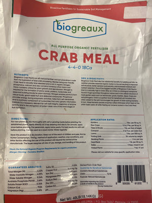 Crab Shell Meal 4-4-0 organic amendment rich in calcium and chitin for garden soil health, fruiting plants, and pest suppression