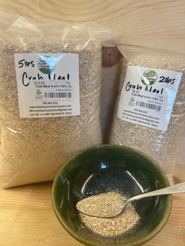 Crab Shell Meal 4-4-0 organic amendment rich in calcium and chitin for garden soil health, fruiting plants, and pest suppression