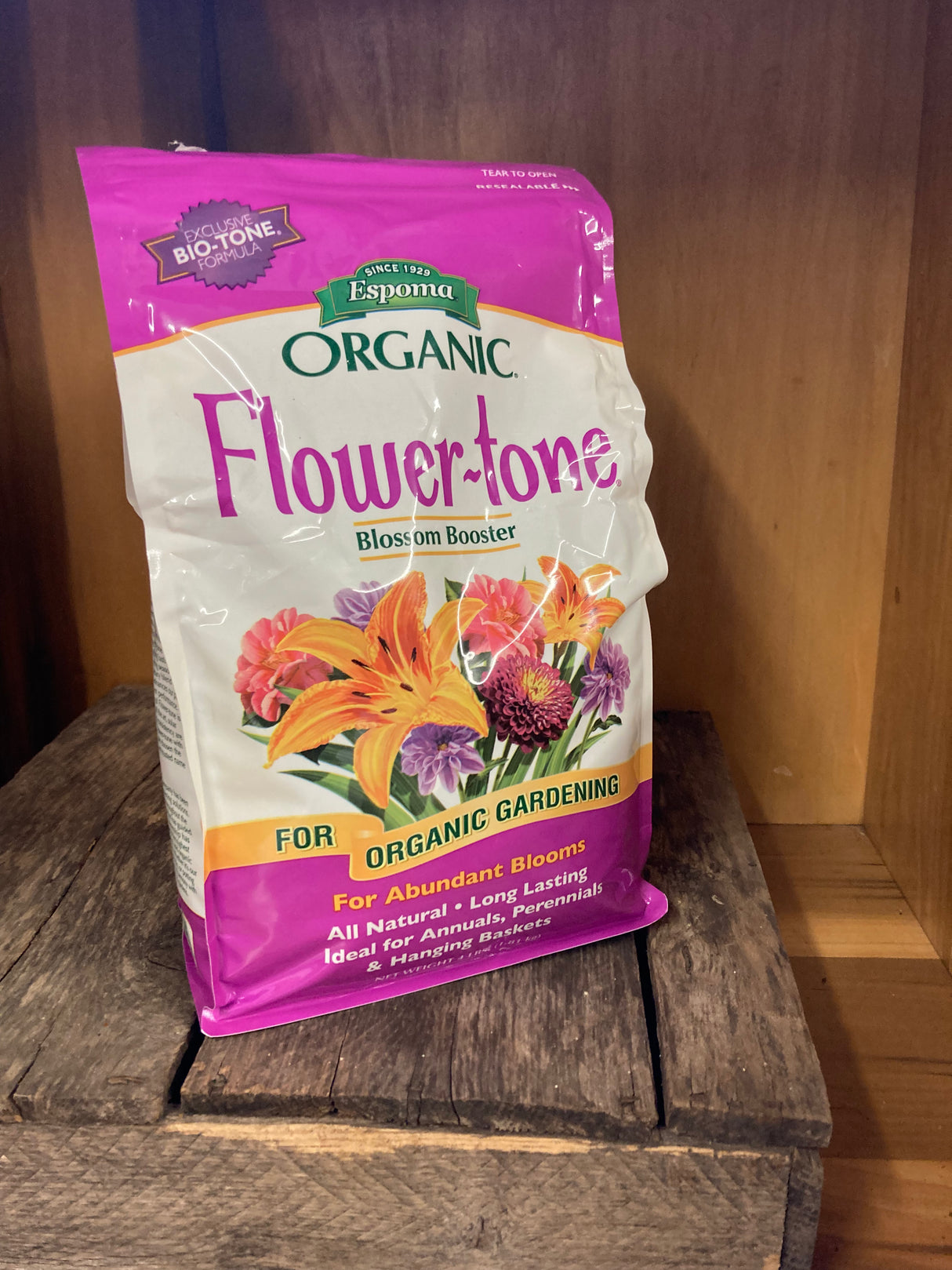 Espoma Flower-tone organic fertilizer for bigger blooms in annuals, perennials, and pollinator gardens