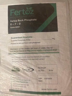 Fertoz Rock Phosphate 0-20-0 organic phosphorus amendment for root growth, flowering, and soil fertility in gardens and orchards