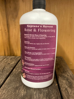 Neptune's Harvest Rose & Flowering Fertilizer 2-6-4 organic liquid for blooms, color, and root health in flowers and perennials