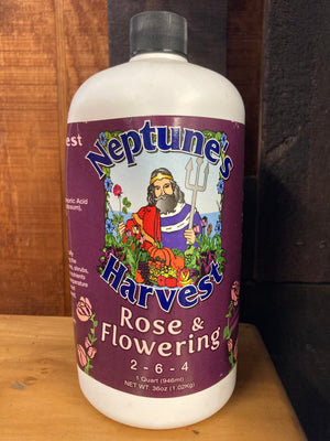 Neptune's Harvest Rose & Flowering Fertilizer 2-6-4 organic liquid for blooms, color, and root health in flowers and perennials