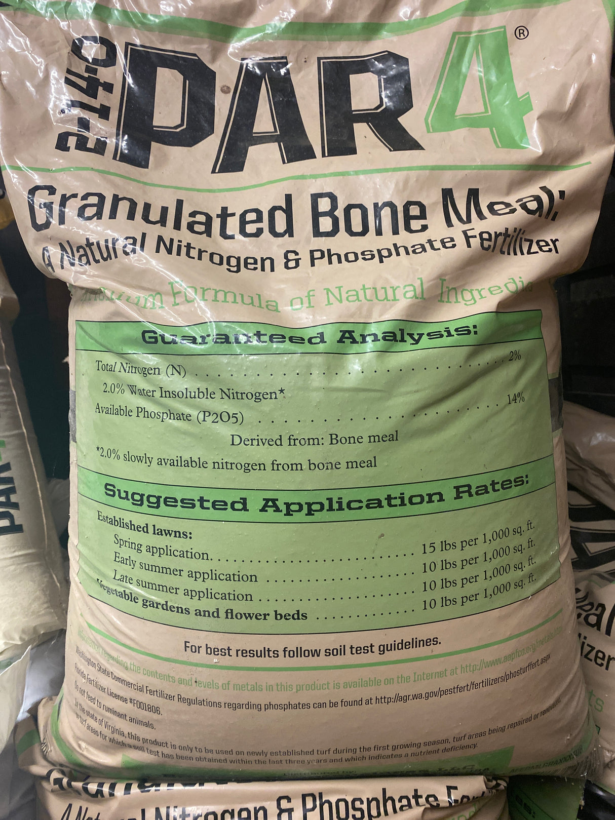 Par 4 Bone Meal 2-14-0 organic fertilizer for rooting, flowering, and calcium-rich soil fertility in regenerative gardens