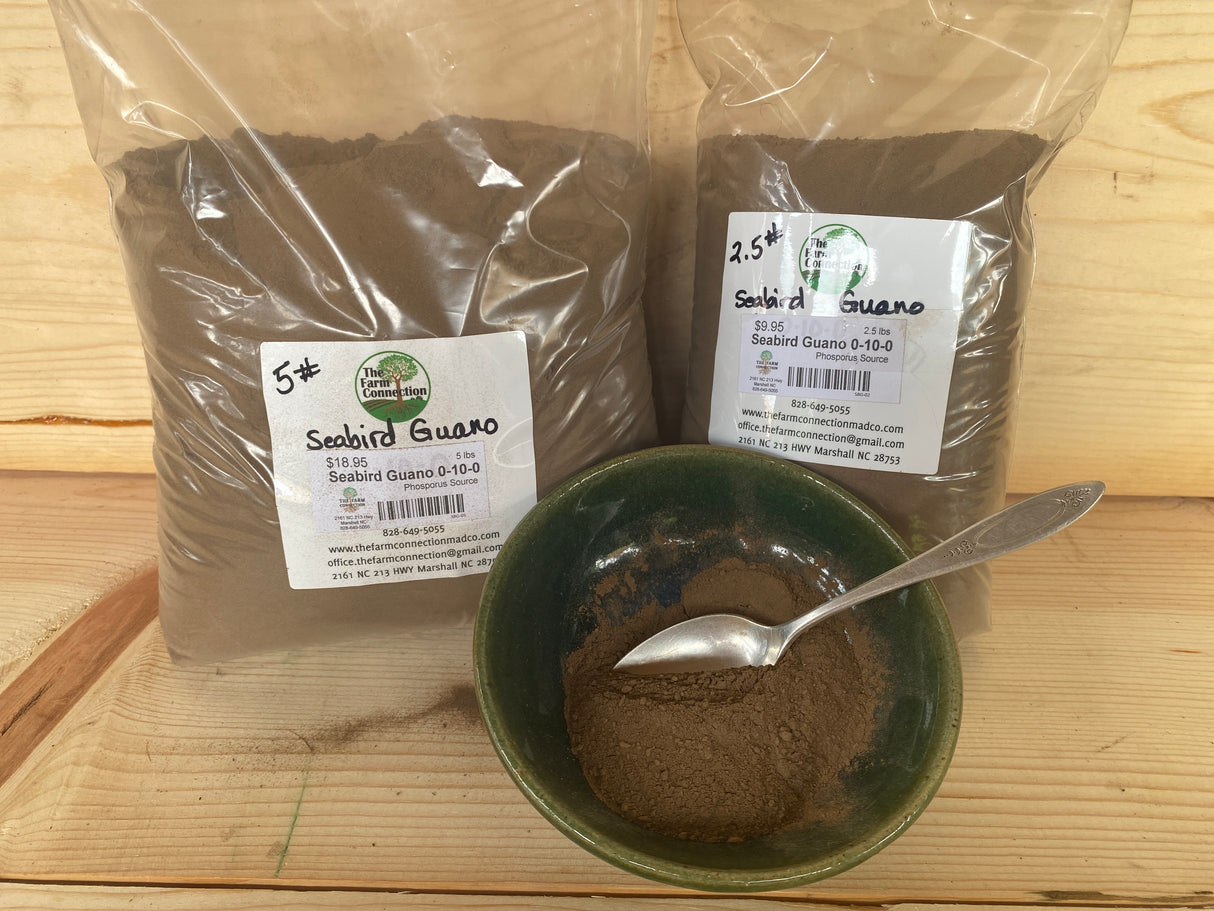 Seabird Guano 0-10-0 organic fertilizer for phosphorus boost, blooming, and strong root development in flowering and fruiting crops